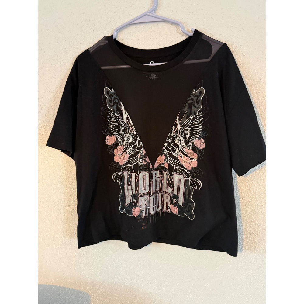 Organic Generation World Tour Graphic Mesh Panel Crop Tee Black Womens 1X